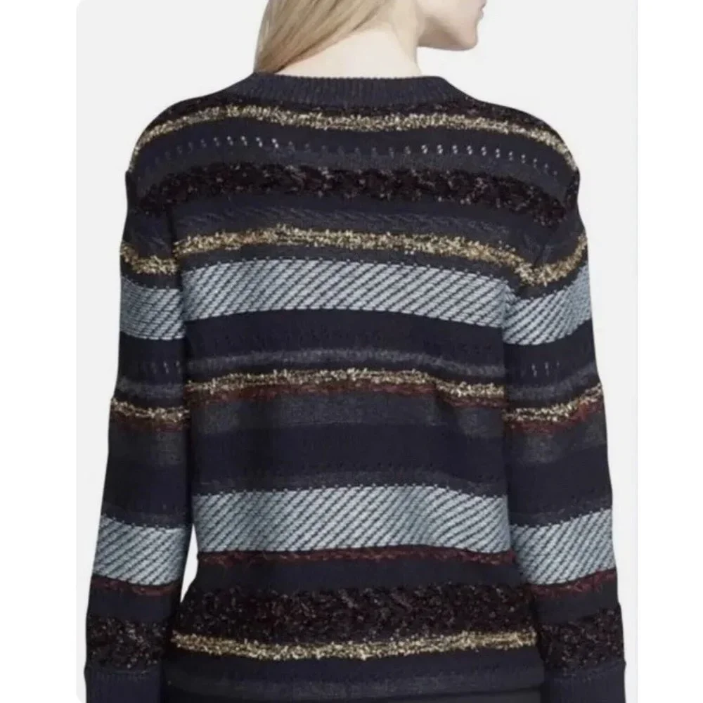Tory Burch Sweater Stripe Metallic Merino Wool Alpaca Blend Danielle Navy Thick - Picture 3 of 11